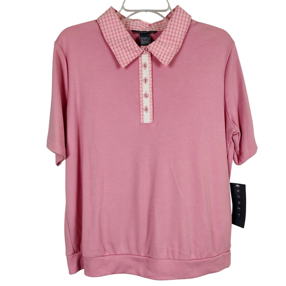 NWT Koret Womens L Passion Pink Gingham Plaid Collar Polo Top Preppy Grandmacore
